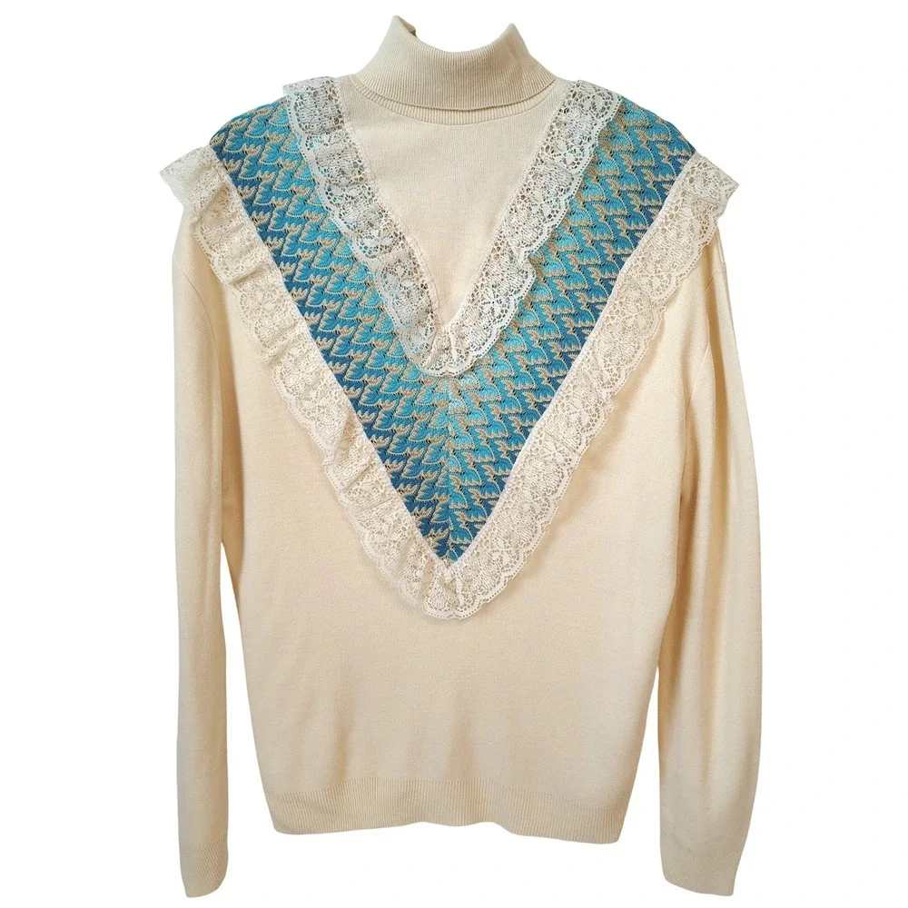 Vintage 80s Montgomery Ward Womens Turtleneck Sweater Ivory Blue Lace Trim Retro